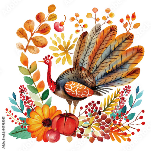 A charming watercolor painting of a Thanksgiving turkey surrounded by autumn foliage and vibrant seasonal berries. Colorful Thanksgiving Turkey Watercolor Illustration

