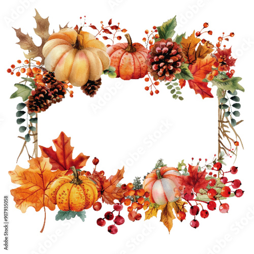 Colorful autumn wreath featuring pumpkins, berries, pine cones, and maple leaves, perfect for seasonal decorations. Autumn Frame with Pumpkins and Colorful Leaves

