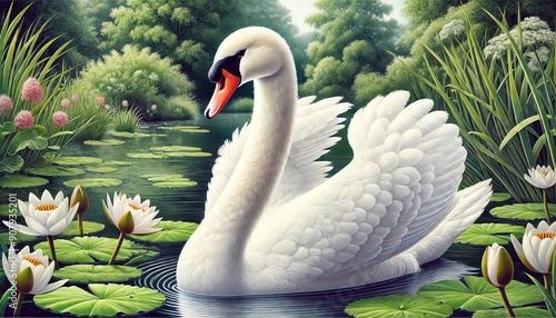 Fototapeta Naklejka Na Ścianę i Meble -  An illustration of a mute swan in a lake