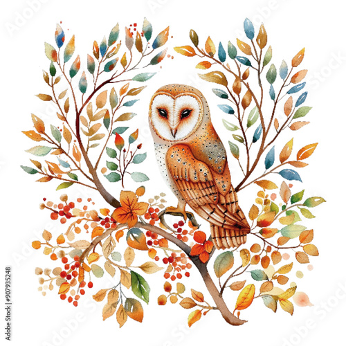 Beautifully detailed illustration of an owl perched on a branch surrounded by vibrant autumn leaves and berries, against a white background. Autumn Owl in a Colorful Leafy Branch Illustration

