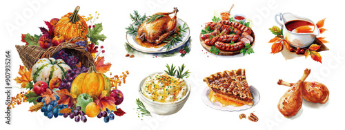 A collection of watercolor illustrations featuring traditional Thanksgiving dishes, including turkey and pumpkin pie. Thanksgiving Feast Watercolor Illustration Set

