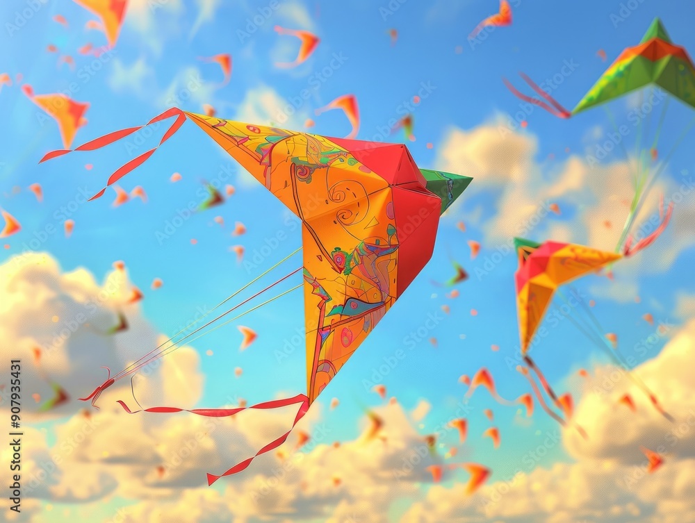 Medium shot of a colorful makarsankranti poster, themed background, bright tonality.