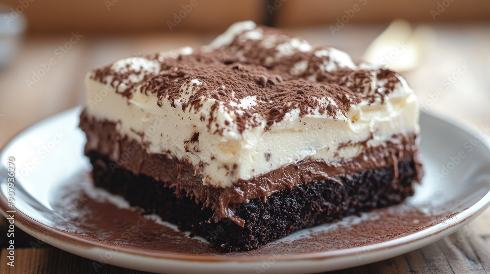 Close-up of a decadent chocolate brownie cake topped with cream cheese, served on a plate. Homemade sweet dessert, high angle Close-up of a decadent chocolate brownie cake topped with cream cheese, served on a plate. Homemade sweet dessert, high angle