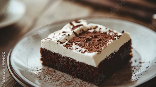 Wallpaper Mural Close-up of a decadent chocolate brownie cake topped with cream cheese, served on a plate. Homemade sweet dessert, high angle Torontodigital.ca