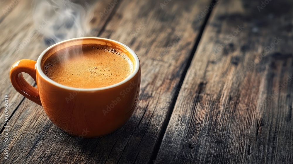 Close-up of a steaming cup of coffee on a rustic wooden table. Rich and inviting, with warm tones Close-up of a steaming cup of coffee on a rustic wooden table. Rich and inviting, with warm tones