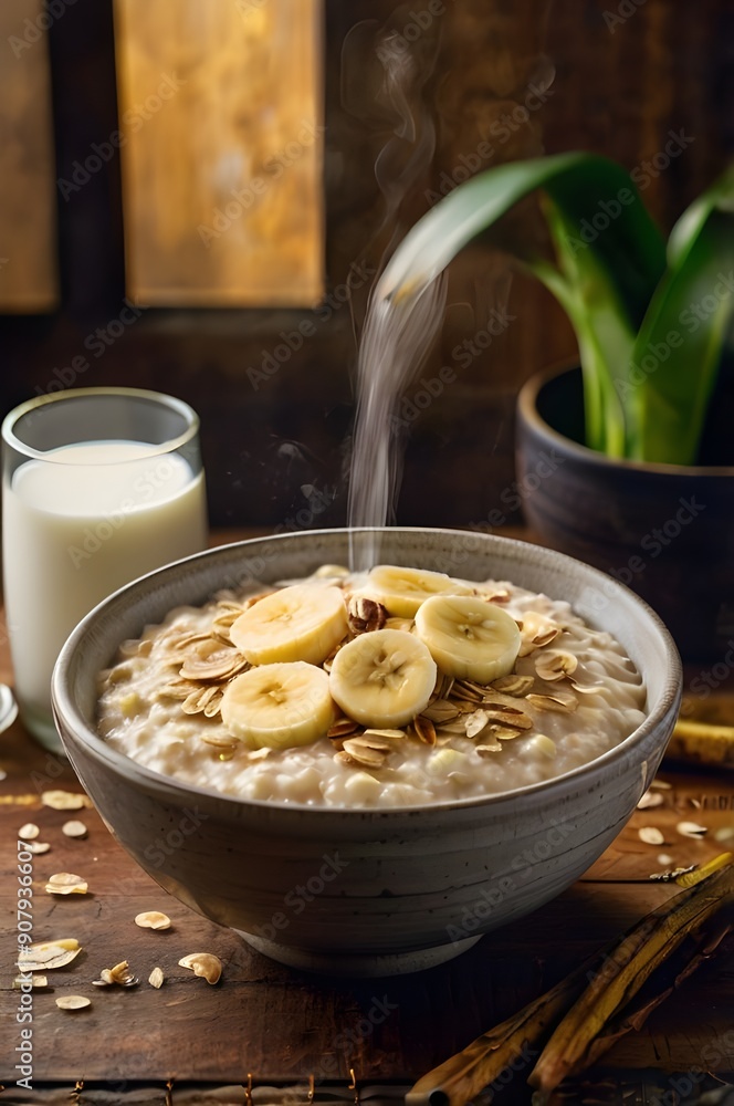 A bowl of hot oatmeal topped with sliced bananas and dry oats with a glass of milk and potted plant in the background