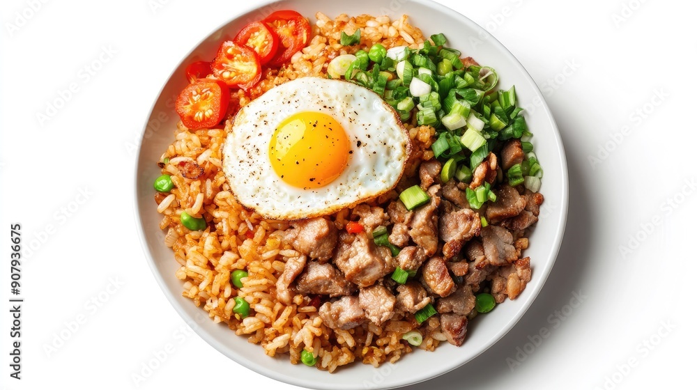 Delicious American fried rice with pork and egg, top view isolated on white. Clipping path for a clear, vibrant look Delicious American fried rice with pork and egg, top view isolated on white. Clipping path for a clear, vibrant look