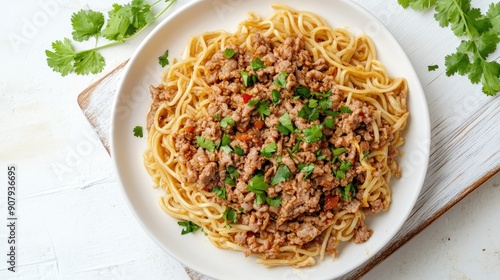 Close-up top view of juicy grilled minced pork with noodles and coriander on a white plate, served on a white wooden board