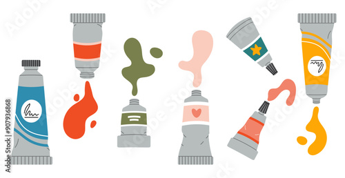 Set of paints for drawing, tubes of oil paint, acrylic, gouache or watercolor. Art supplies. Trendy modern vector illustration isolated on white, hand drawn, flat design