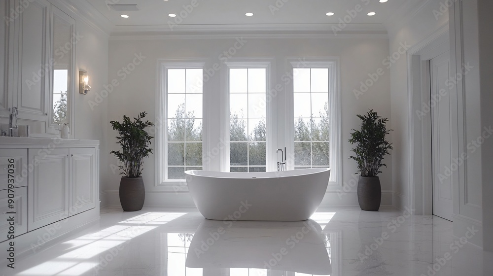 Fototapeta premium A bright, minimalist bathroom featuring a sleek freestanding tub, large windows, and natural light, creating a serene and modern ambiance.