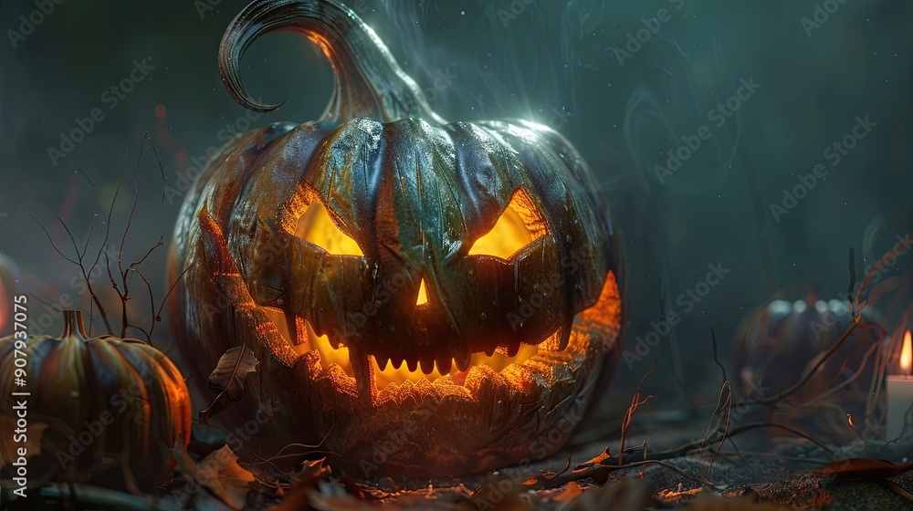 Spooktacular Halloween Pumpkin Display Illuminated by Eerie Glow in a Dark Foggy Landscape Spooktacular Halloween Pumpkin Display Illuminated by Eerie Glow in a Dark Foggy Landscape