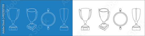 set cup trophy winner concept design. Blueprint line draw wireframe low poly mesh illustration vector