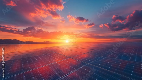 Expansive solar panel array at sunset with vibrant skies, symbolizing renewable energy, sustainability, and environmental conservation.