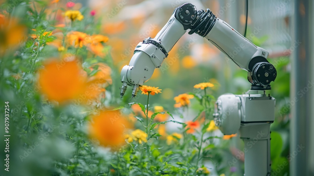 A robotic arm carefully tending to bright orange flowers in a garden, showcasing the integration of automation and technology in modern agriculture. A robotic arm carefully tending to bright orange flowers in a garden, showcasing the integration of automation and technology in modern agriculture.