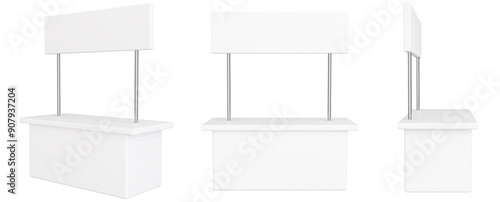 Advertising booth stand mockup. Isolated on white background, compact, attention-grabbing display designed to showcase products or services. White blank kiosk, counter desk, table mock up, 3d render
