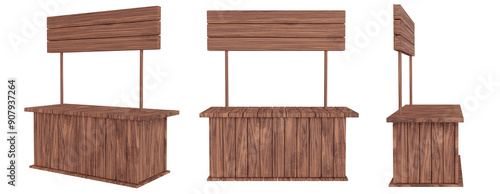 Advertising wooden booth stand mockup. Isolated on white background, compact, attention-grabbing display designed to showcase products or services, counter desk, table mock up, 3d render
