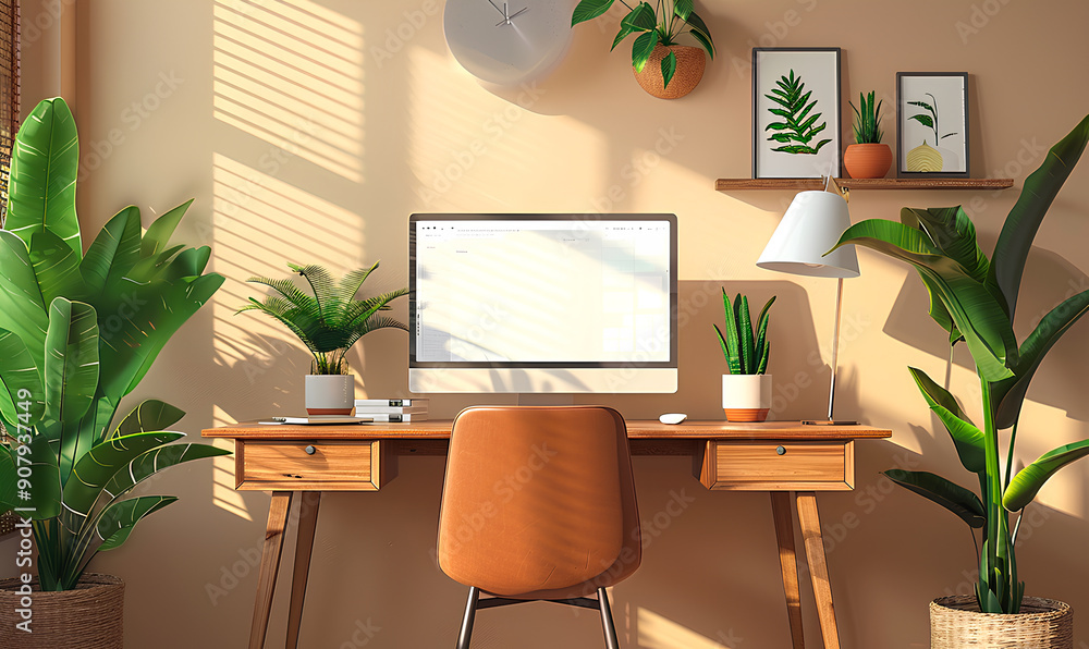 A bright home office featuring a wooden desk, computer, and various indoor plants A bright home office featuring a wooden desk, computer, and various indoor plants