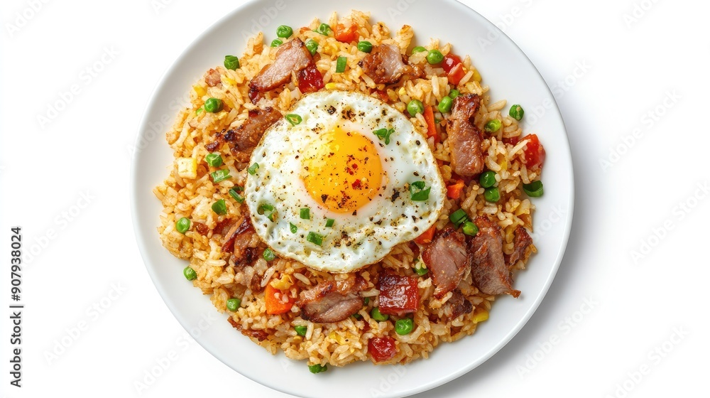 Isolated top view of American fried rice with pork and egg on a white background. Clipping path for clean display