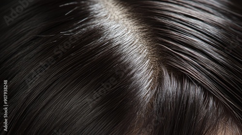 Macro close-up of dark hair roots on a clean scalp, highlighting a healthy and well-maintained hair condition.
