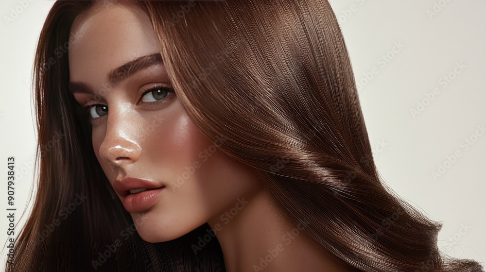 Naklejka premium Model with radiant brown hair post-keratin treatment, reflecting smooth and well-nourished hair care results.