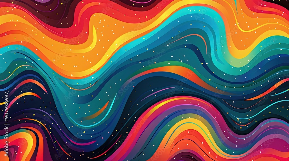 Psychedelic Rainbow Wave Of Retro Colors Flowing Across Black Background For Dance Party Atmosphere Psychedelic Rainbow Wave Of Retro Colors Flowing Across Black Background For Dance Party Atmosphere