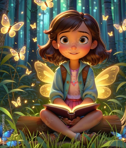 A cute girl sitting with a book on a log