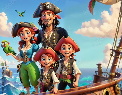 A cheerful family of pirates on the deck of a ship