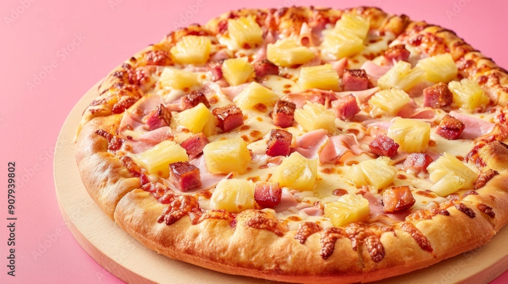A Hawaiian pizza with juicy pineapple chunks, ham, and mozzarella cheese on a crispy crust. A Hawaiian pizza with juicy pineapple chunks, ham, and mozzarella cheese on a crispy crust.