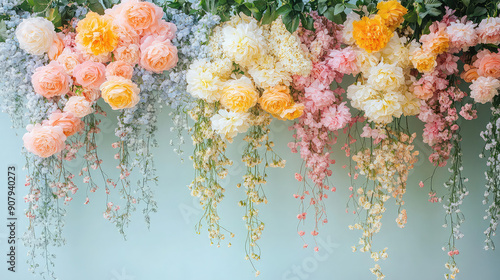 Fototapeta Naklejka Na Ścianę i Meble -  Elegant colorful with vibrant flower hanging branches illustration background. Bright color 3d abstraction wallpaper for interior mural, Generated by AI	