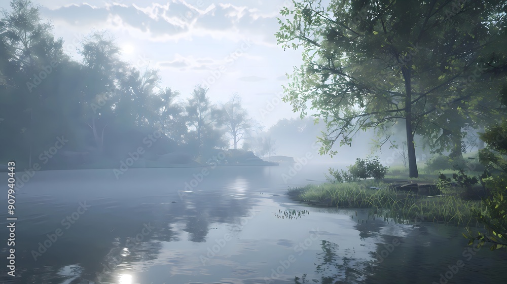 beautiful lake in the morning with morning sunlight shrouded in thin clouds beautiful lake in the morning with morning sunlight shrouded in thin clouds