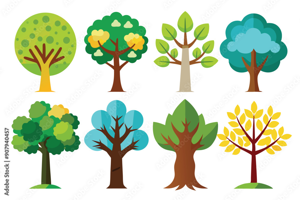 Fototapeta premium Collection of Eight Cartoon Trees with Different Shapes and Colors