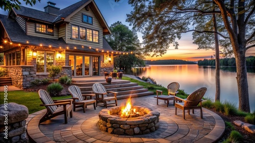 Fototapeta Naklejka Na Ścianę i Meble -  Rustic Lakefront House with Stone Fire Pit and String Lights, Outdoor Patio on Lake Minnetonka