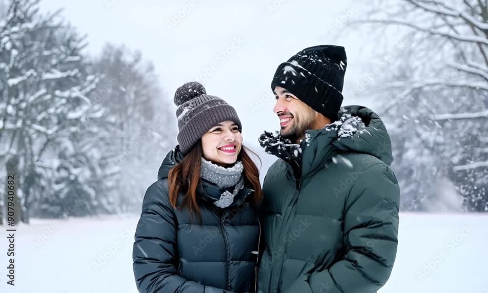 Asian Couple in Winter Park Snow Asian Couple in Winter Park Snow