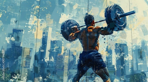 An artistic portrayal of a weightlifter in action, with the modern La DÃ©fense skyline in the background, symbolizing strength and the future of Paris.