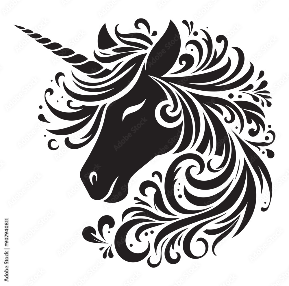 Fototapeta premium Unicorn simple vector silhouette black and white.
