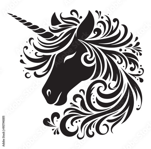 Unicorn simple vector silhouette black and white.