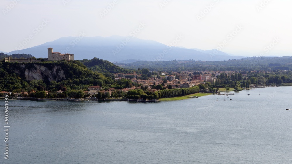 Fototapeta premium Angera on lake Maggiore, Lombardy, Italy. Aerial view of città Angera