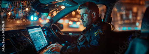 Law Enforcement on the Go: Police Officer Utilizes Laptop for Crime Investigations and License Checks Inside Squad Car