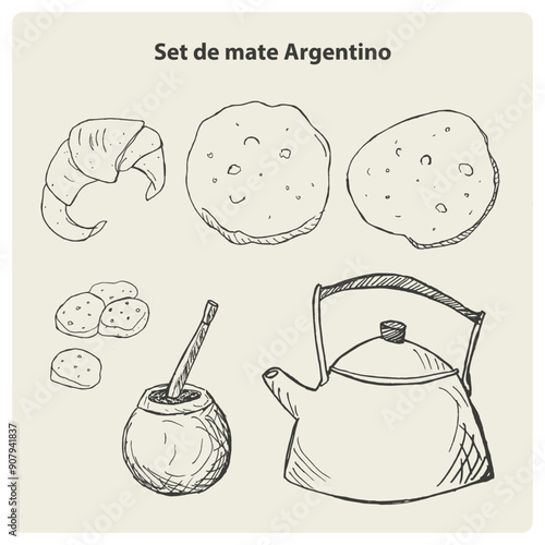 Plantilla de iconos mate argentino biscochitos y torta frita, bombilla pava vectorial editable