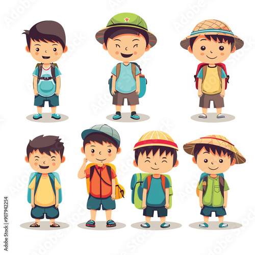 Various boys illustration wearing backpacks, smiling Asian young travelers dressed colorful casual summer attire. Boys different backgrounds diverse hats, shorts tshirts, outdoors exploration