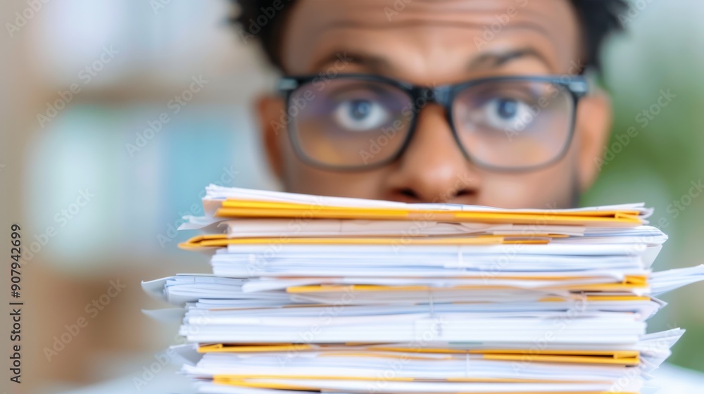 A candidate looking through a stack of brochures and flyers collected from a career fair