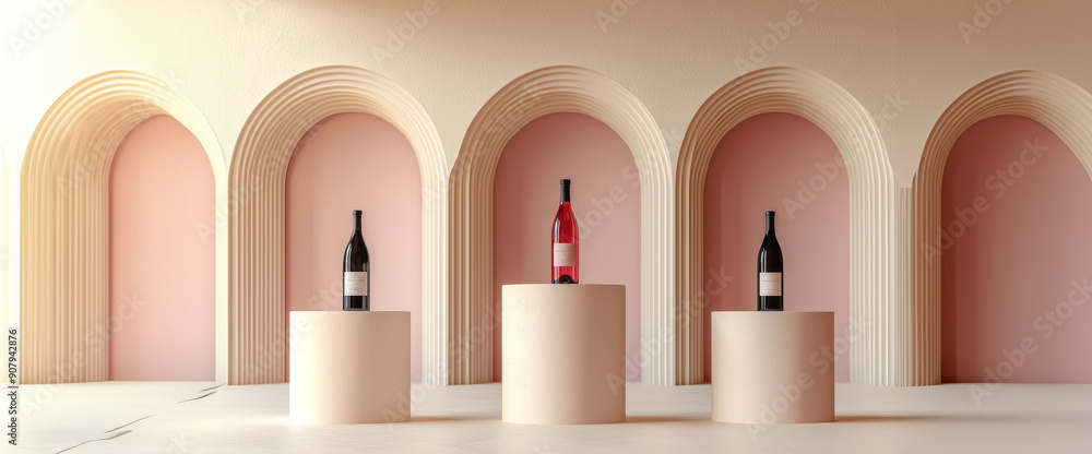 Elegant Trio of Pastel Wines Displayed on Sleek Baroque Pedestals Elegant Trio of Pastel Wines Displayed on Sleek Baroque Pedestals