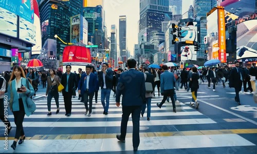 Times Square in New York City - A bustling street with a mix of people and towering buildings.