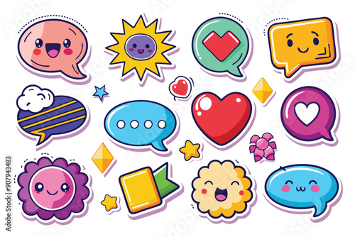 Colorful Cartoon Speech Bubbles with Smiling Faces and Hearts