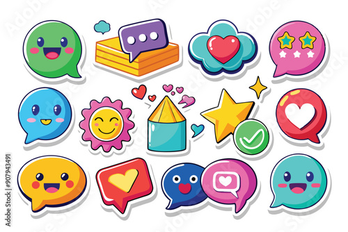 Collection of Colorful Cartoon Speech Bubbles with Various Emojis and Symbols