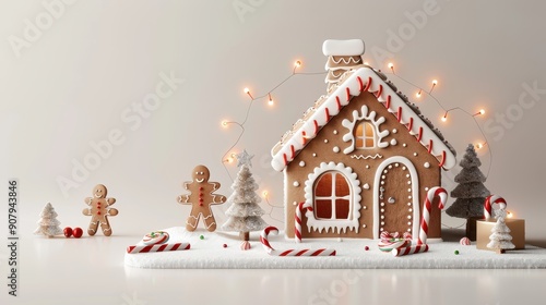 Gingerbread house adorned with icing and surrounded by candy canes, gingerbread men, and festive Christmas decorations.