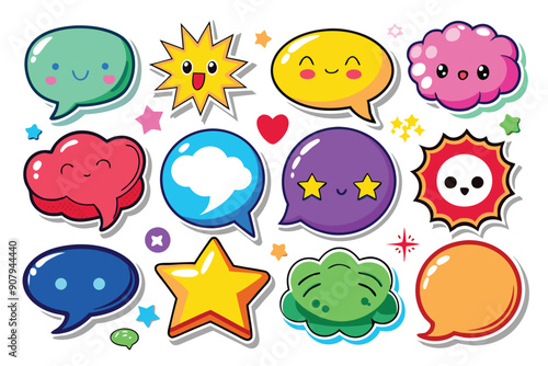 Colorful Cartoon Speech Bubbles with Happy Faces and Stars