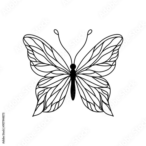 Vector illustration of a butterfly with detailed, intricate wings. The black design highlights the elegance and symmetry of the butterfly. This design is for tattoos, jewelry and accessories