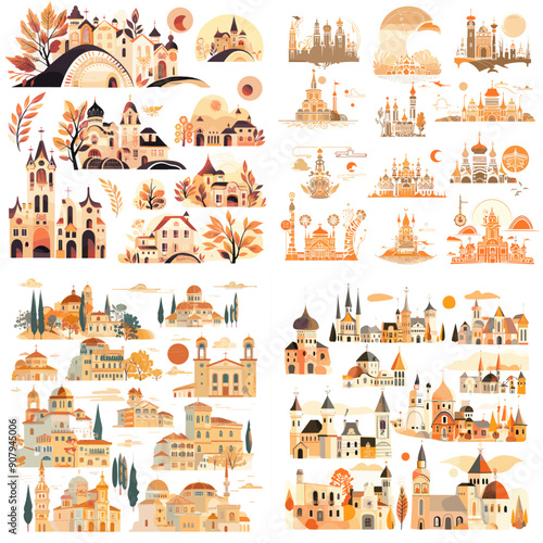 A collection of four different cityscape drawings