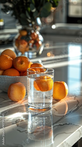 Minimalistic water glass on a white kitchen island, with a bowl of fresh fruits nearby.  photo